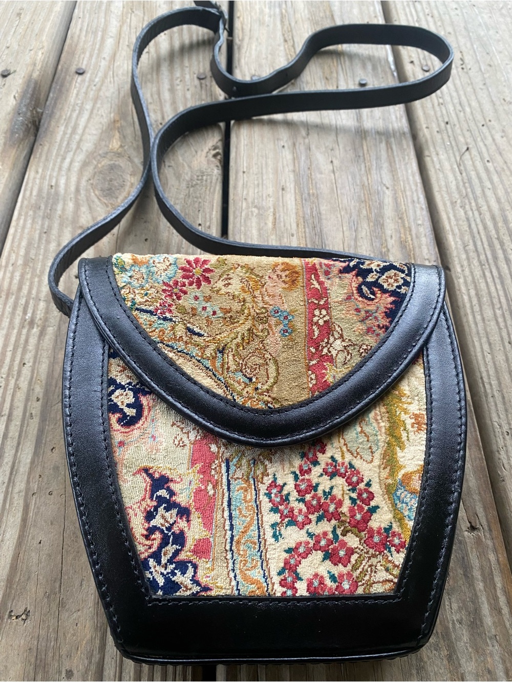 Vintage Tapestry Crossbody Bag Black Trim Structured Boho Floral Purse